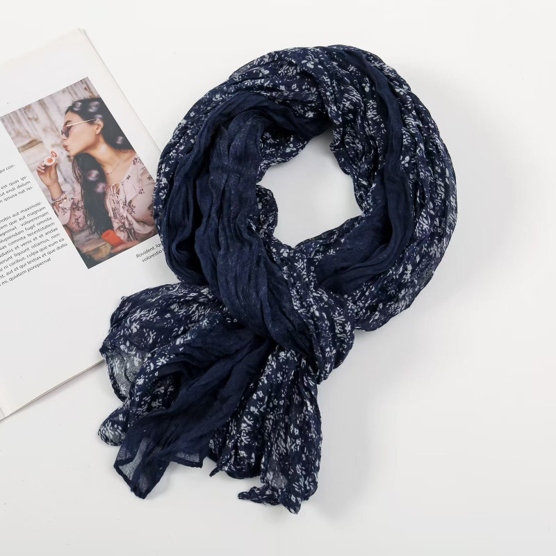 K1252 Spring and Autumn Twisted Scarf Pleated Simple All-match Silk Scarf Korean Foreign Trade Floral Shawl Bali Yarn Scarf Women's Neck Scarf