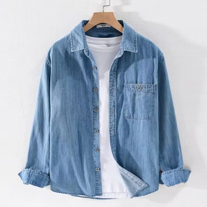 Spring Summer Casual Men's Denim Long Sleeve Pure Cotton Stylish Simple Versatile Fashion Thin Trendy Shirt for Handsome Men
