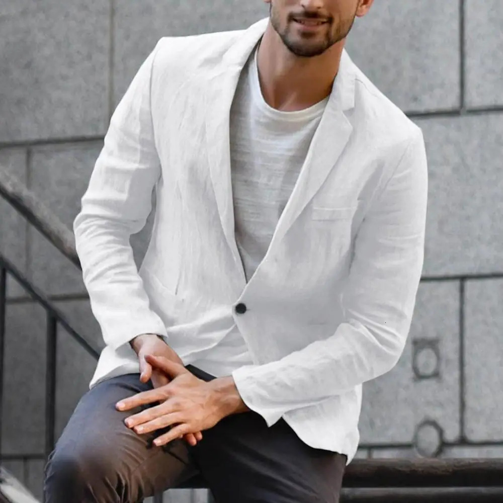 Cotton Linen Slim For Men Solid Color Long Sleeve Pockets Summer Coat Thin Male Casual Jacket Business Blazer 250628