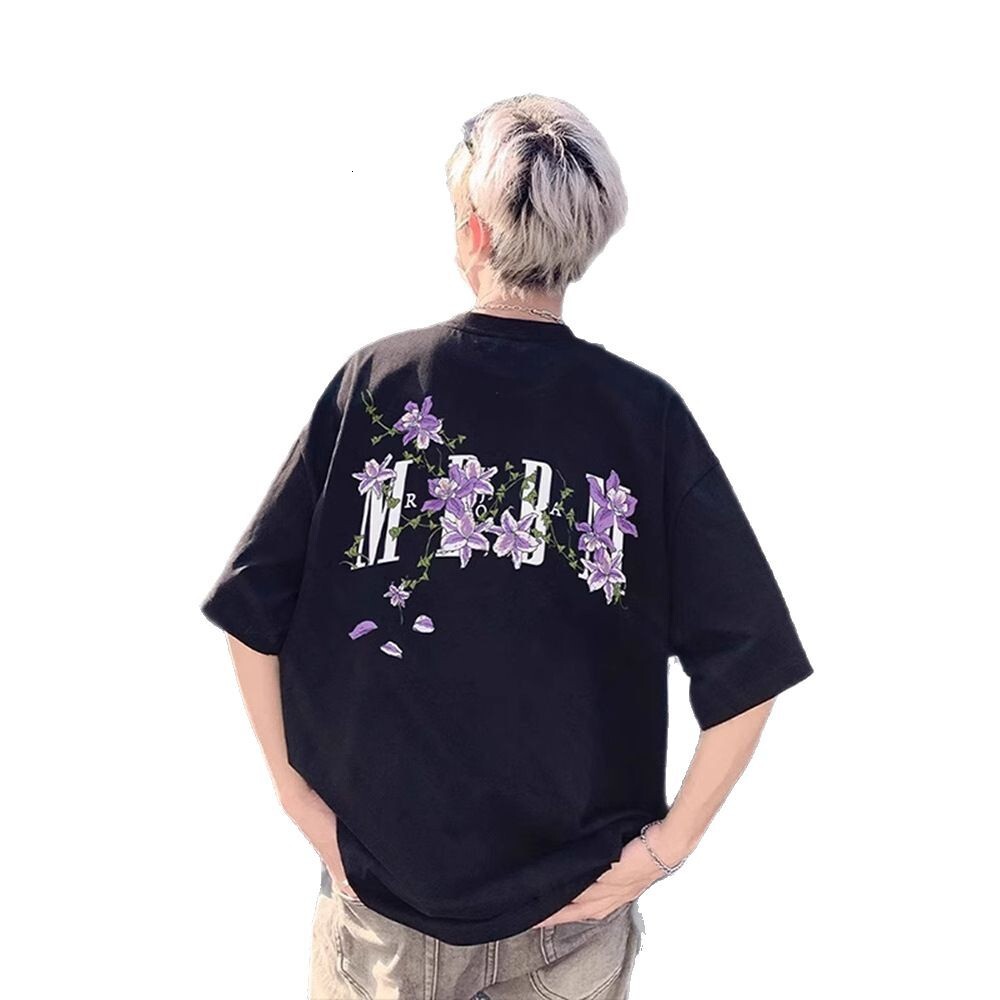 American Style Design Vine Floral Print Designer Short Sleeves T-shirt For Men Summer Cleanfit Heavyweight Short Sleeve High Street Couple Half Sleeve