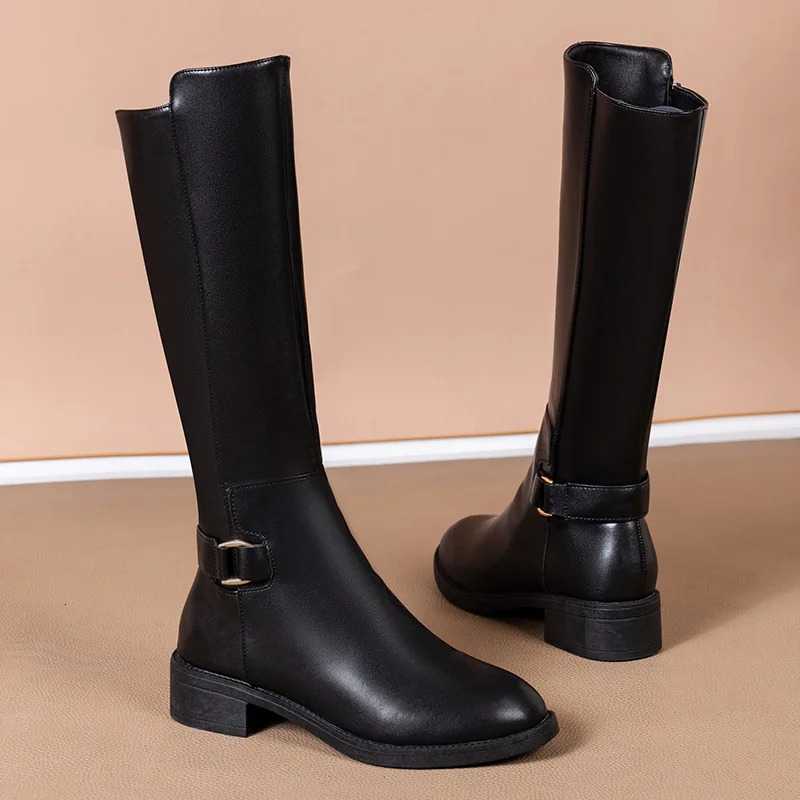 Black Pu Leather Knee Boots for Women Shoes Metal Buckle Decoration Fashion Outdoor Long Botas Ladies Footwear Size 34-41 250725