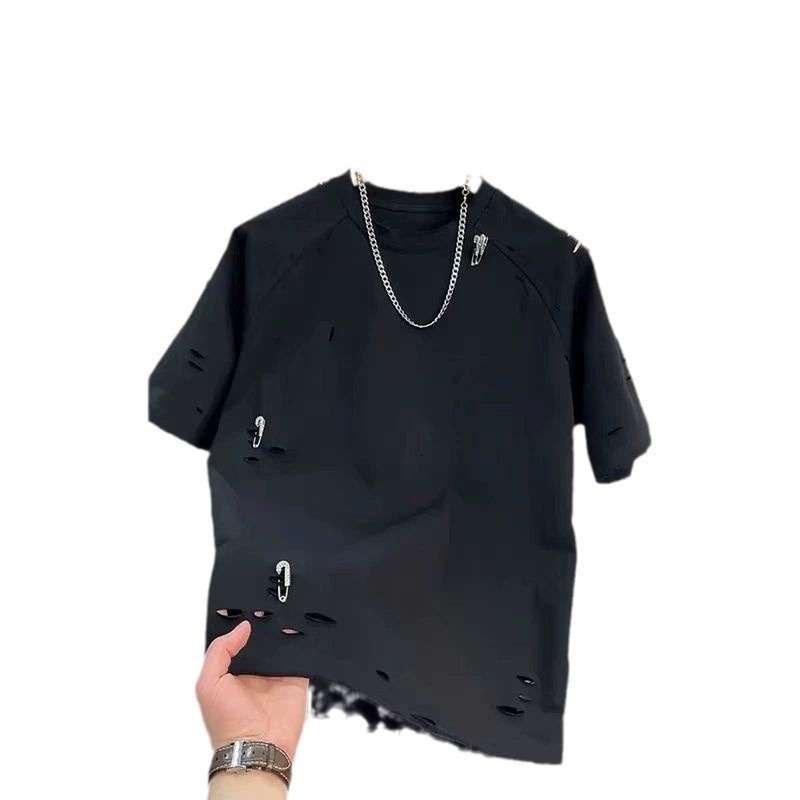 2023 Summer Short Sleeve T-shirt For Men, Designer Short Sleeves Stylish Distressed With Rhinestones And Pins, Cotton Half Sleeve Fashionable Men'