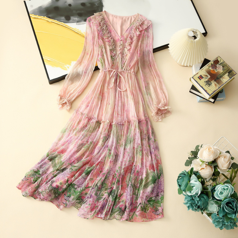 Designer's summer mulberry silk slim fit comfortable side lace gradient printed silk dress