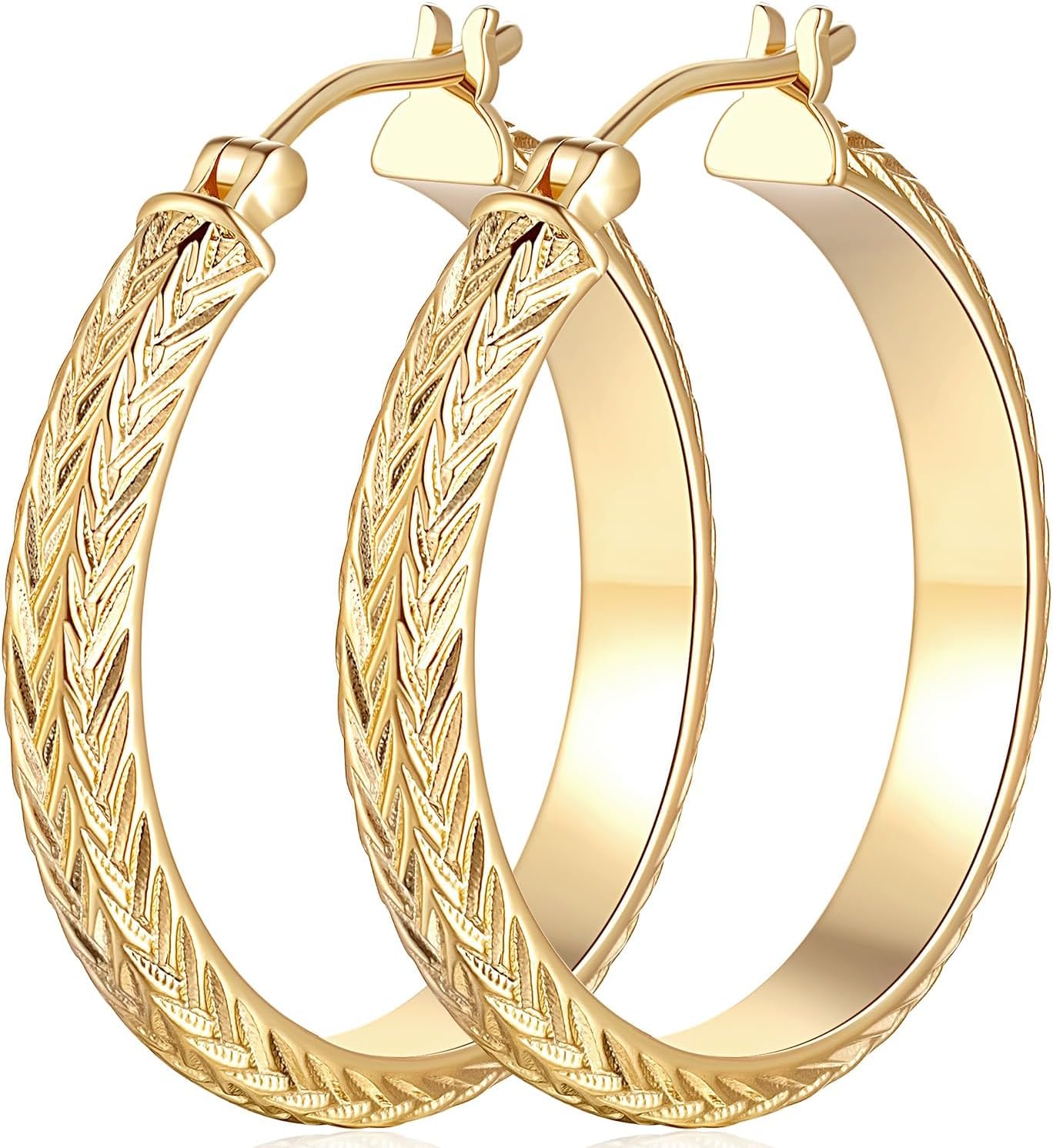 14K Gold Women's Wide Hoop Earrings Chunky V-Engraved Design 25MM/30MM Sizes