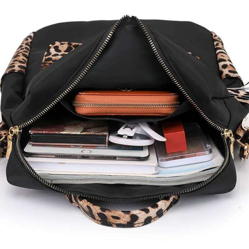 Fashionable Multi-function Leopard Backpacks for Women High Quality Tassel Backpack Lightweight Commute Nylon Travel Bag