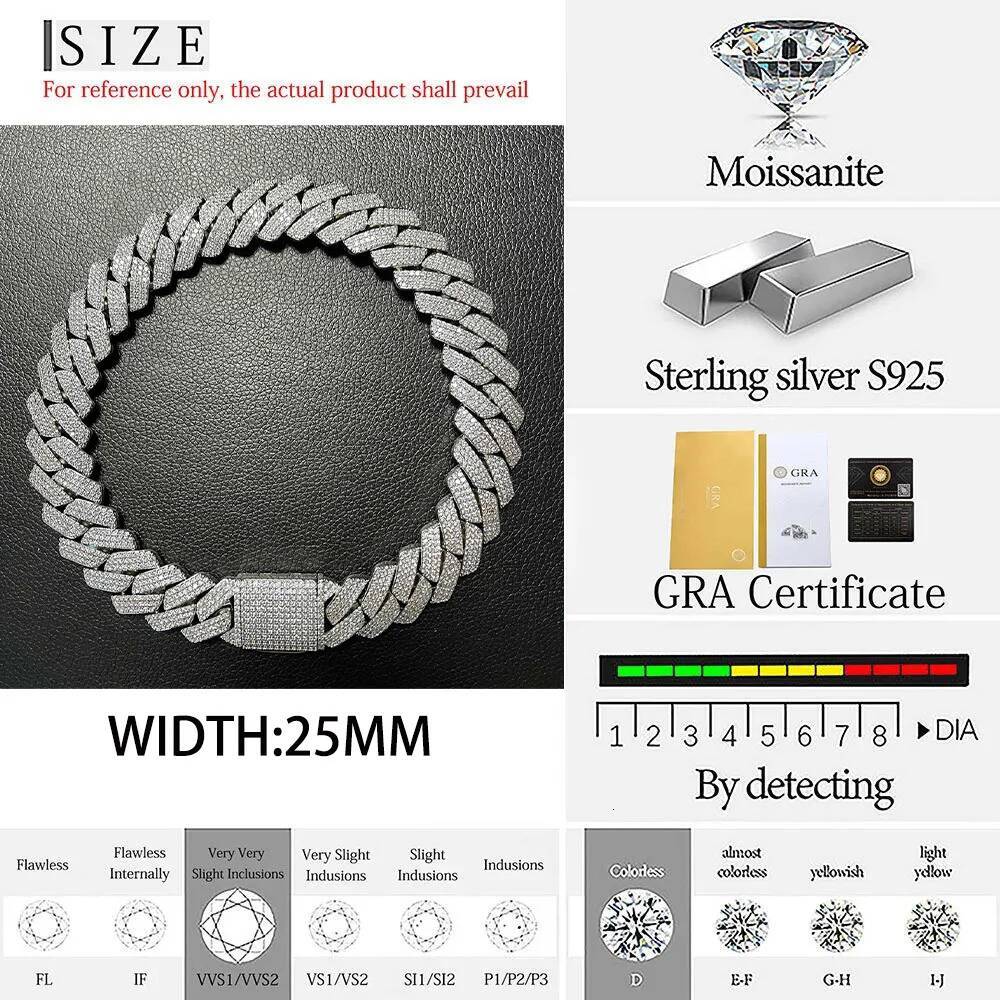 Custom 25MM S Sterg Sier Hip Hop Moissanite k Chain Thick Miami VVS Cuban Necklace For Men