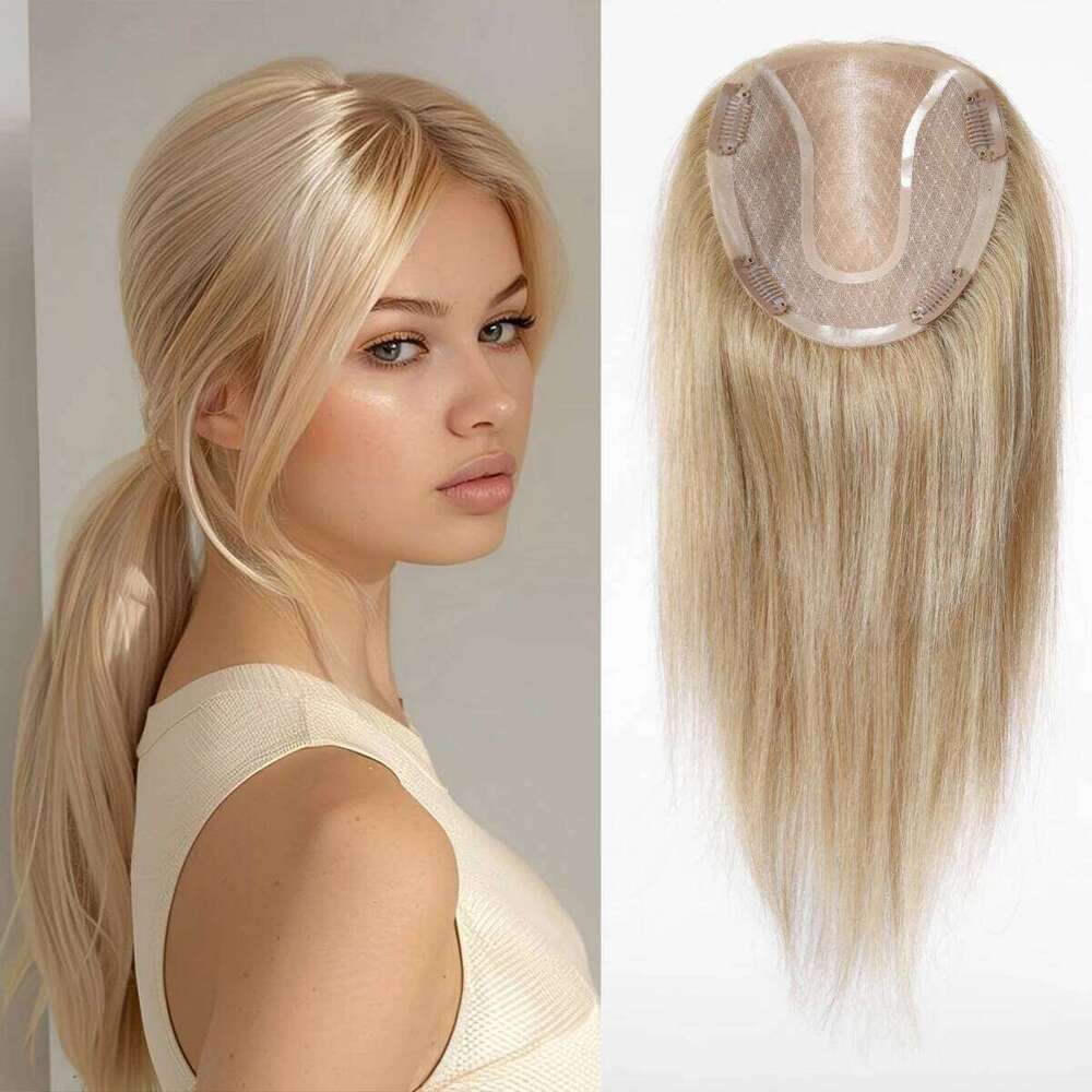 14inch Gray Blonde Mono Lace Base for Women 4 Clips Pieces with Thinning Natural Real Human Hair Toppers