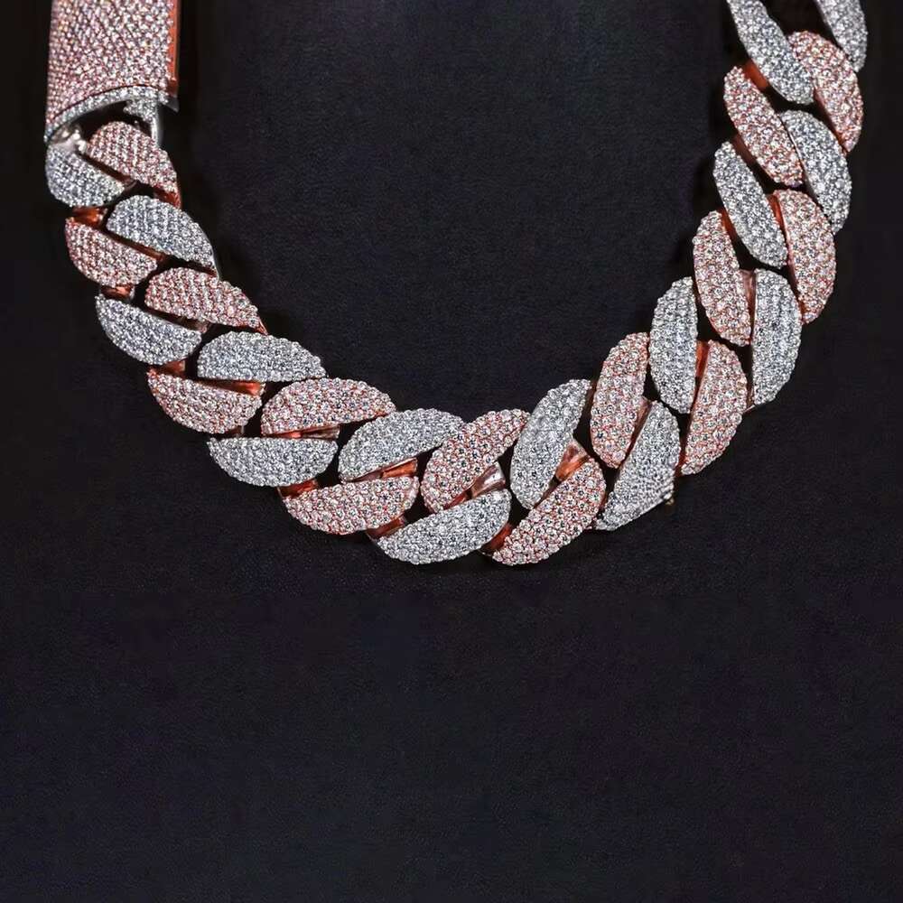 22 Inch Hip Hop Cuban Chain Round Cut Moissanite Diamond Sterling Silver Jewelry Collection for Men Rose and White Cuban Chain