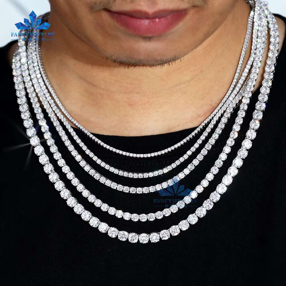 Ready to Ship 925 Sterling Silver Hip Hop Tennis Chain VVS Moissanite Tennis Necklace in 2mm 3mm 4mm 5mm 6.5mm Sizes