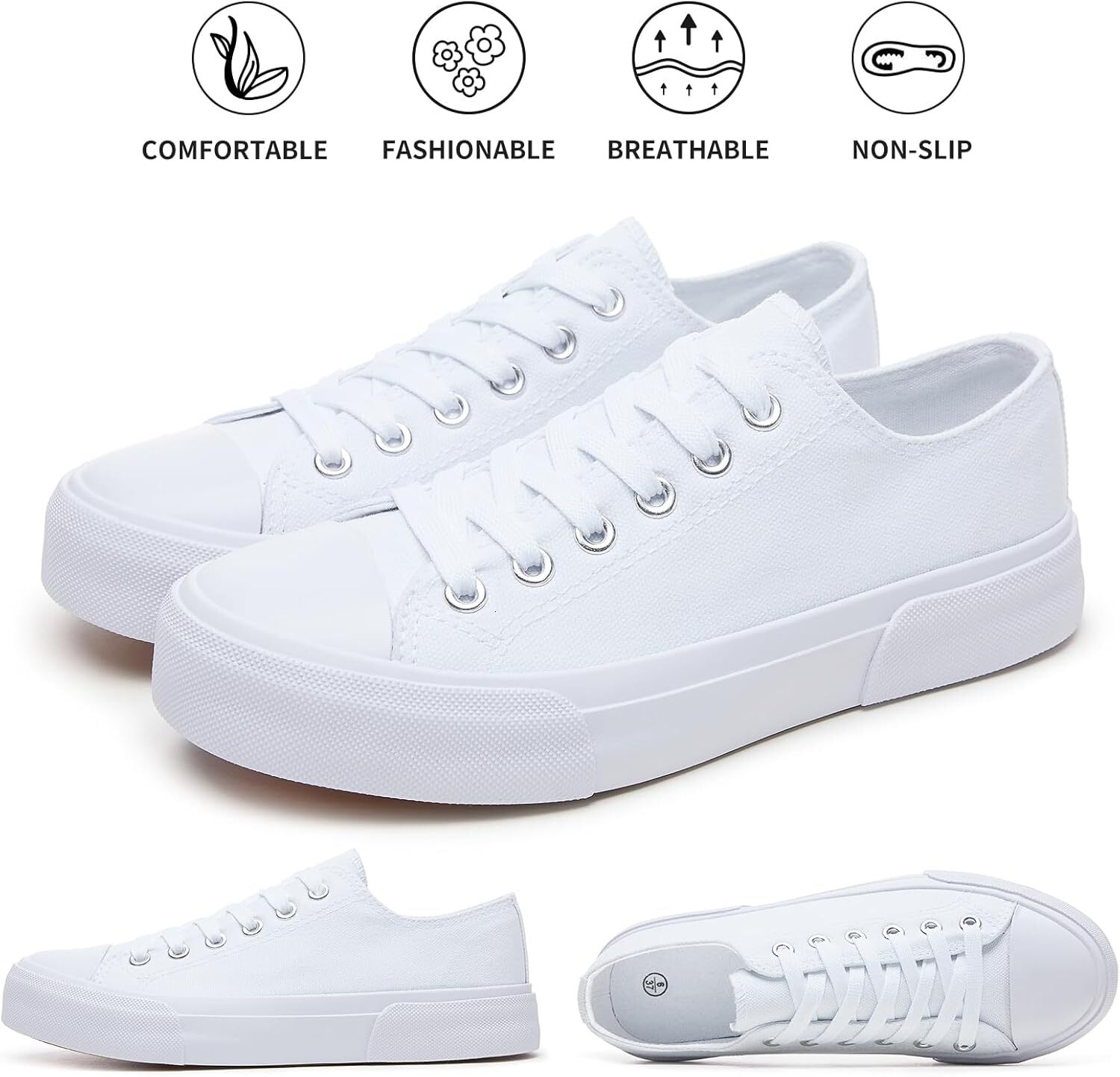White Low-Top Canvas Women's Fashion Sneakers Slip-On Casual Tennis Shoes