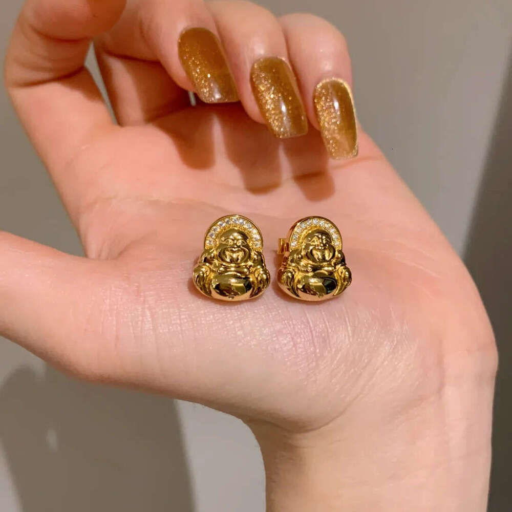 New Chinese Style Mini Small Fashion Exquisite Inlaid Dia Gold-Plated Maitreya Buddha Earrings for Women f37