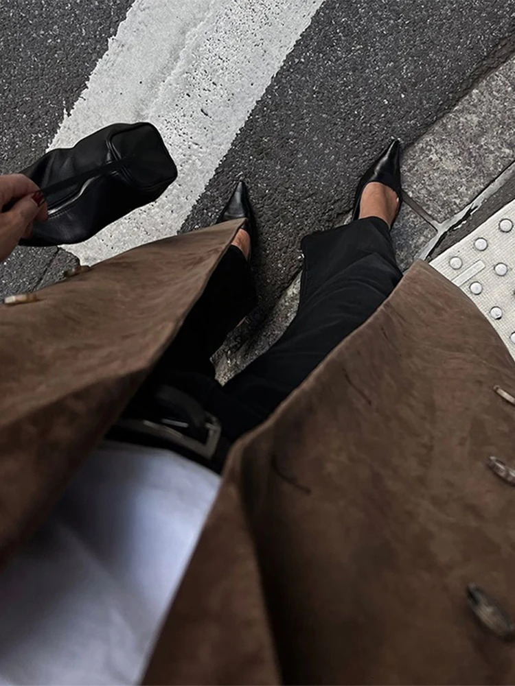 Suede Trench Coat Long Jacket Retro Brown Loose Suit Collar Pocket Overcoat Slimming Silhouette Women Windbreaker Outwear Spring 250704