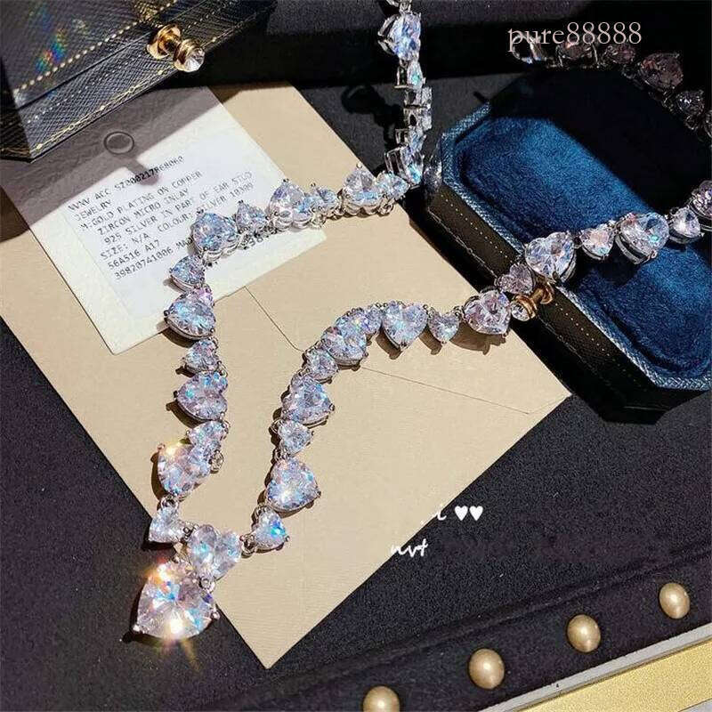 Choucong Brand Sparkling High Quality Jewelry Heart Pendant Sterling Sier Full Pear Cut White Topaz Sweet Cute CZ Dia Women Wedding Necklace Gift