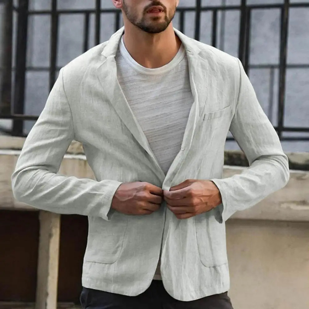 Cotton Linen Slim For Men Solid Color Long Sleeve Pockets Summer Coat Thin Male Casual Jacket Business Blazer 250628