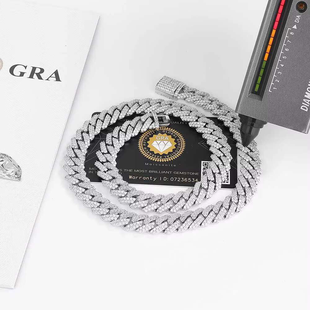 European American Trendy Brand Mens 12mm S925 Silver Mosan Diamond Cuban Chain Necklace Hip-hop Cross-Border Jewelry