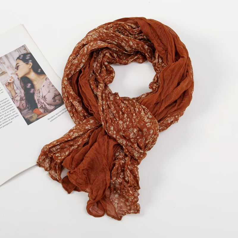 K1252 Spring and Autumn Twisted Scarf Pleated Simple All-match Silk Scarf Korean Foreign Trade Floral Shawl Bali Yarn Scarf Women's Neck Scarf