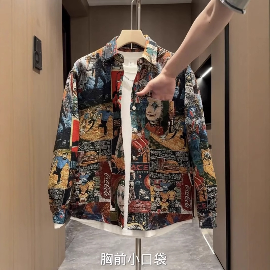 Spring And Autumn New Men's Trendy Color-woven Jacquard Designer Short Sleeves Painted Shirt Unisex Fashion Versatile Loose Casual Jacket