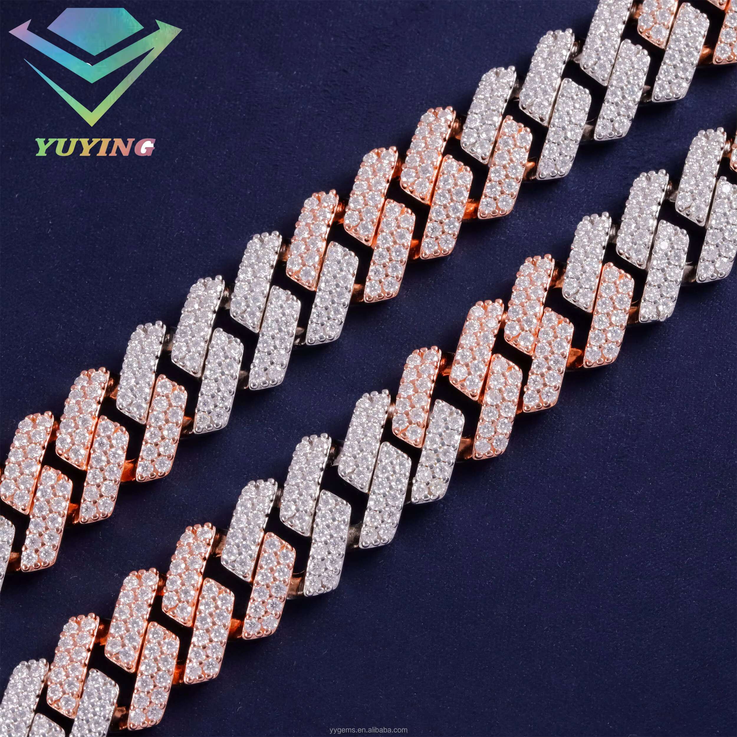 Hip Hop 2 Tones Rose and White Gold Iced Out VVS Moissanite 15mm 2Rows Diamond 925 Sterling Silver Cuban Link Chain