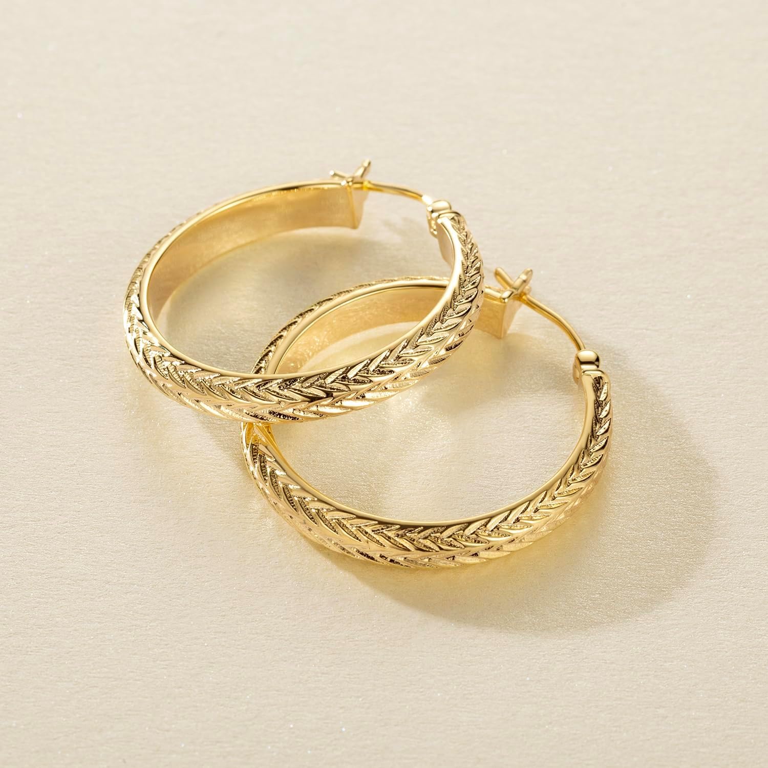 14K Gold Women's Wide Hoop Earrings Chunky V-Engraved Design 25MM/30MM Sizes