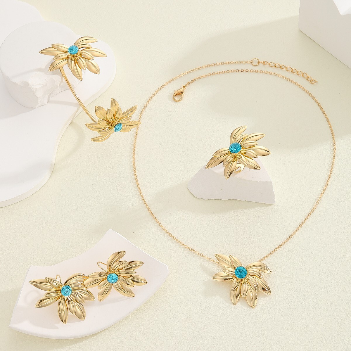 Golden Flower Leaf Ring Necklace Bracelet Pendant Jewelry Summer Beach Niche Versatile Set