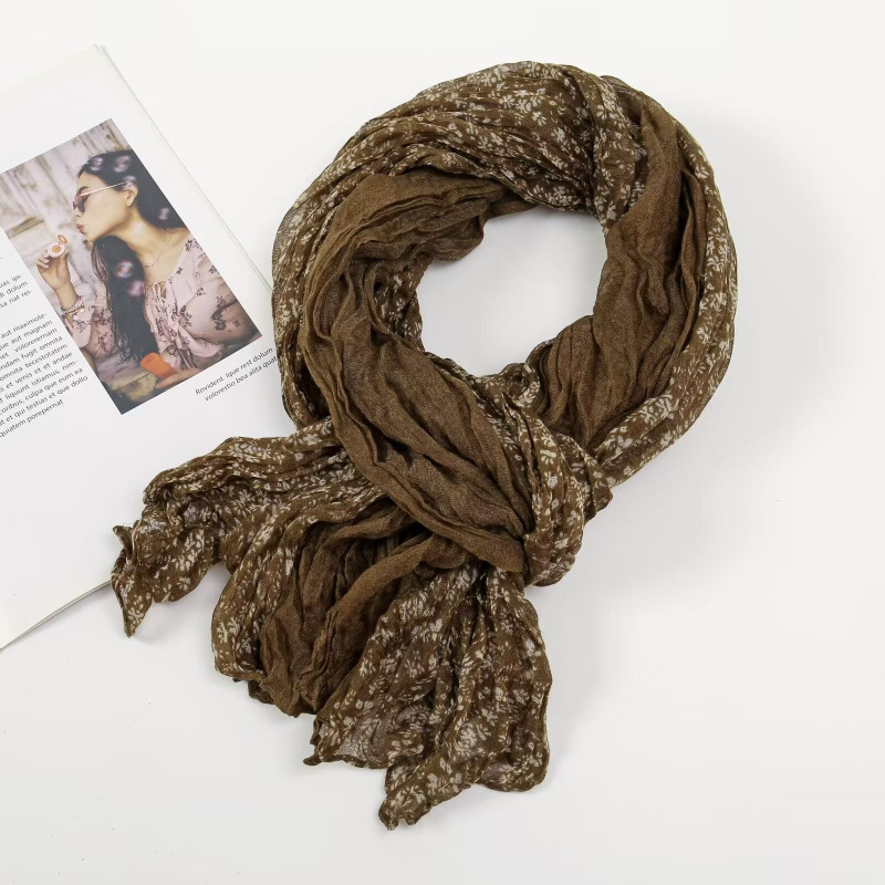 K1252 Spring and Autumn Twisted Scarf Pleated Simple All-match Silk Scarf Korean Foreign Trade Floral Shawl Bali Yarn Scarf Women's Neck Scarf