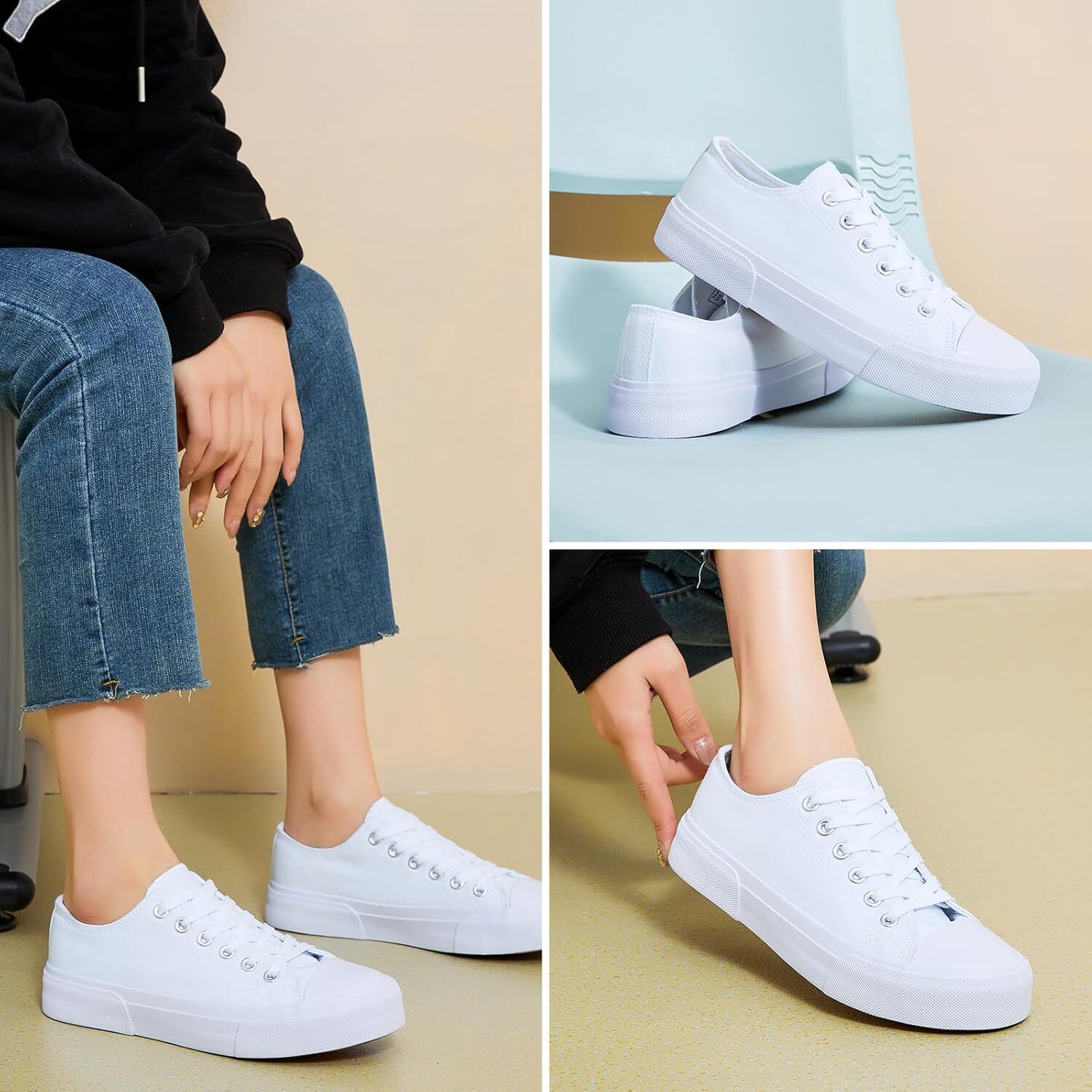 White Low-Top Canvas Women's Fashion Sneakers Slip-On Casual Tennis Shoes