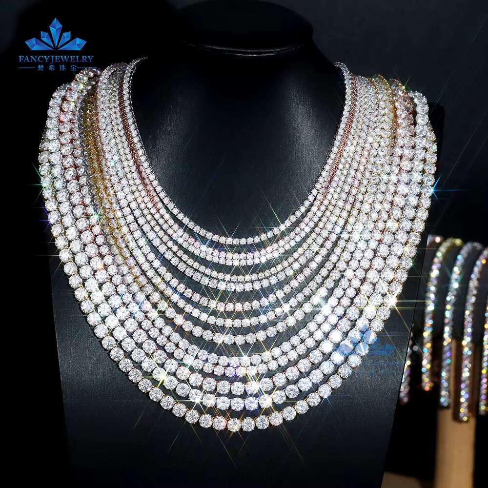 Ready to Ship 925 Sterling Silver Hip Hop Tennis Chain VVS Moissanite Tennis Necklace in 2mm 3mm 4mm 5mm 6.5mm Sizes