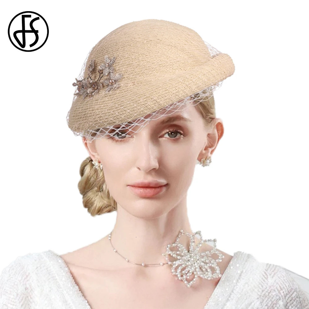 FS 2025 Summer Straw Fedora Camel Hat French Elegant Bow Fascinator Beret for Womens Cocktail Derby Party Church Wedding 250701