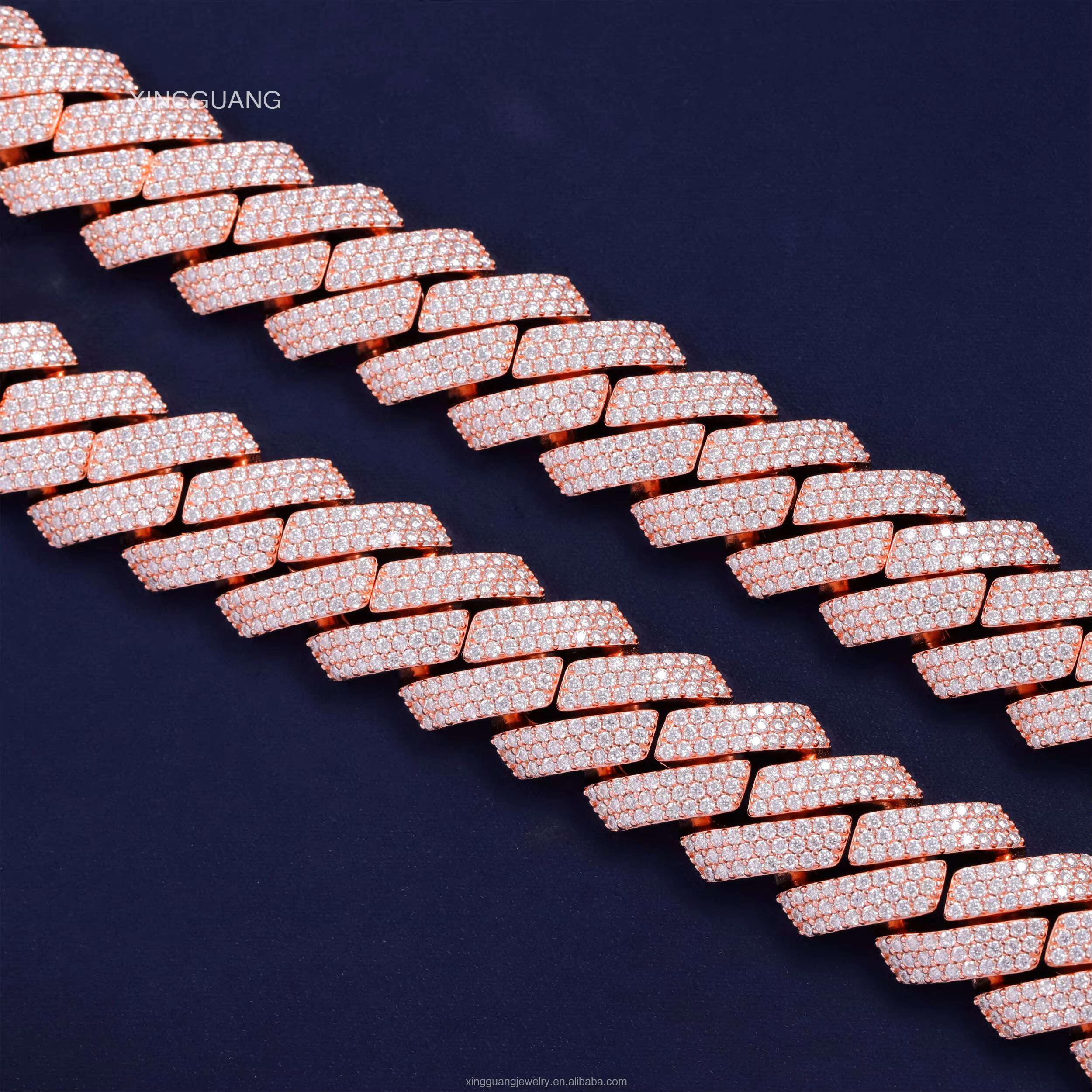 Factory Price 20mm Rose Gold Plated 3rows Cuban Chain S925 Silver With VVS Round Moissanite Hip Hop Necklace Cuban Link Chain