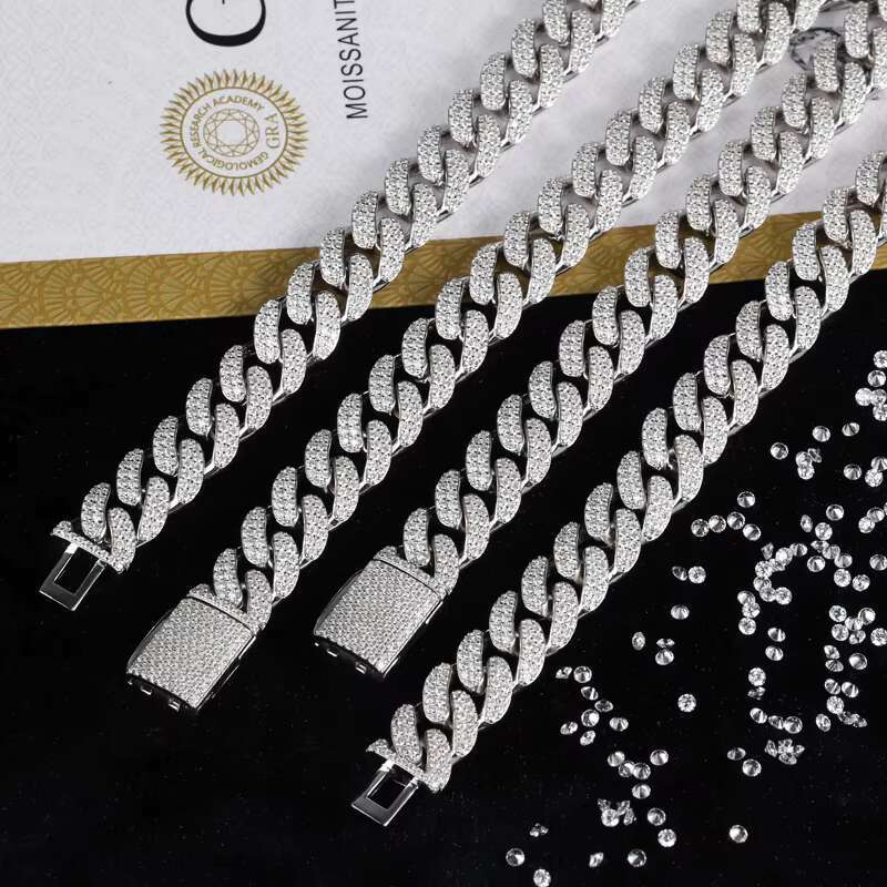 92.5% Silver Hip Hop Jewelry Classic Moissanite Cuban Chain 8mm-15mm Iced Instock Link Chain Pass Diamond Test Perfect Gift