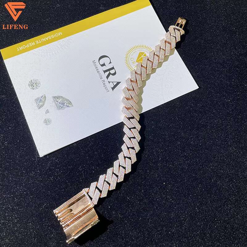 Factory Price15mm With 925 Solid Silver Iced Out Hip Hop Jewelry Moissanite Cuban Link Chain Bracelet Men
