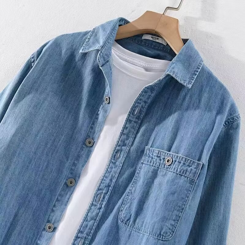 Spring Summer Casual Men's Denim Long Sleeve Pure Cotton Stylish Simple Versatile Fashion Thin Trendy Shirt for Handsome Men