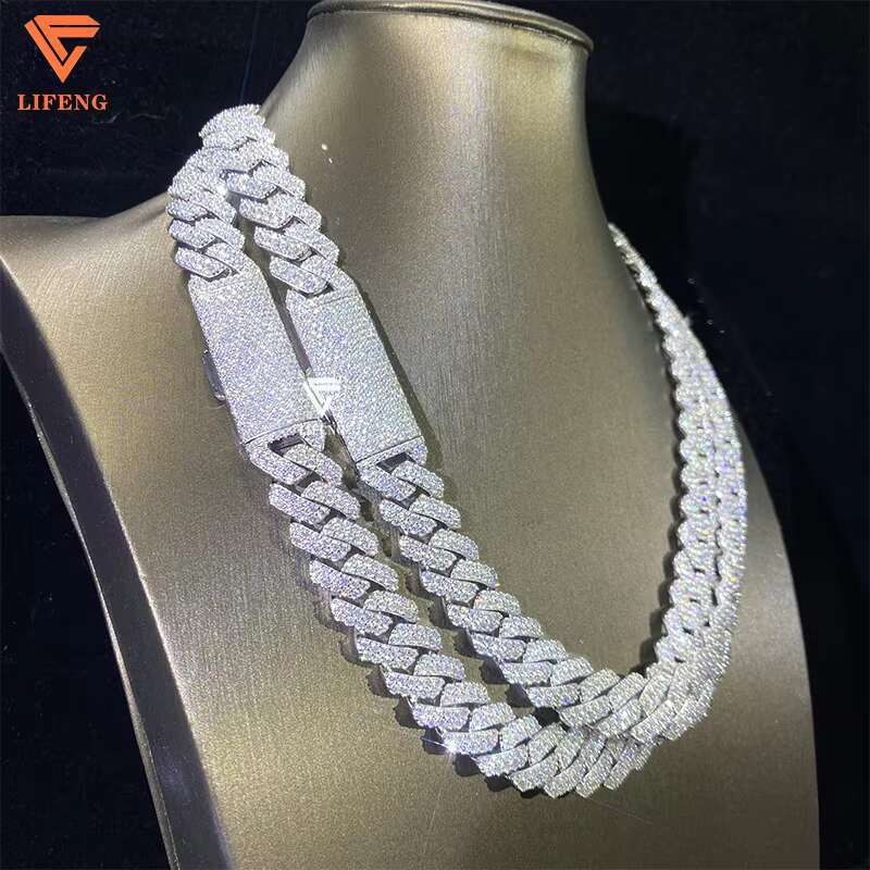 Trendy 925 Solid Silver Classic 2 Row Cuban Necklace 10mm-14mm Wide Link Chain Pass Diamond Hip Hop Rapper Moissanite Necklace