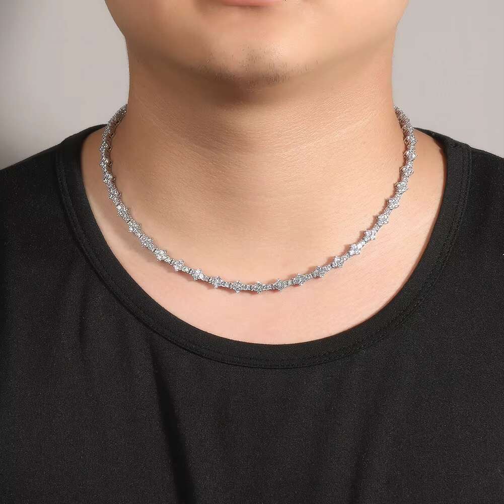 Hip Hop Trendy Iced CZ Tennis Chain with Plum Blossom Diamond Link Zircon Anniversary Dropshipping Available