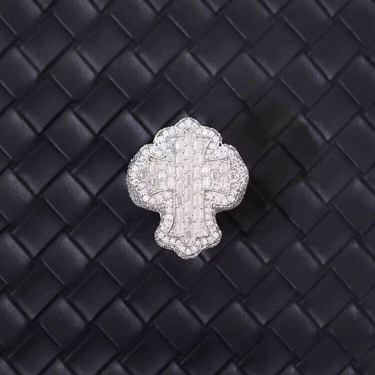 Fully Iced Out Jewelry Hip Hop Gold Plated Sterling Sier Vvs Baguette Moissanite Dia Cross Ring