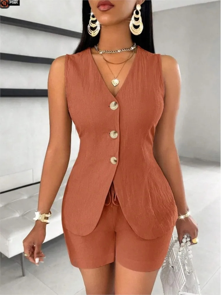 2025 Women Fashion Casual Set Of 2 Pieces Summer Top Button Elegant Solid Office Holiday Short Pant Suit Womens Clothing 250703