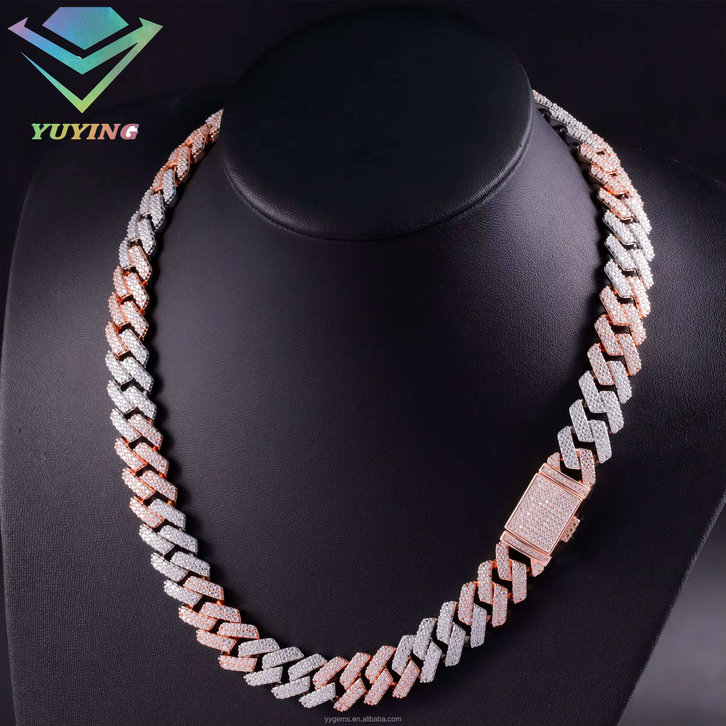 Hip Hop 2 Tones Rose and White Gold Iced Out VVS Moissanite 15mm 2Rows Diamond 925 Sterling Silver Cuban Link Chain