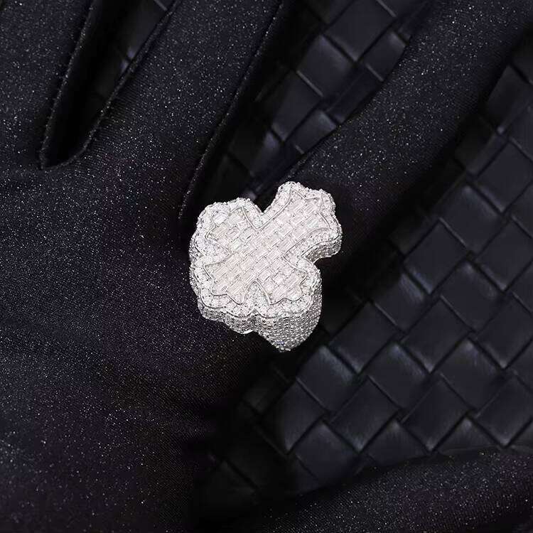 Fully Iced Out Jewelry Hip Hop Gold Plated Sterling Sier Vvs Baguette Moissanite Dia Cross Ring