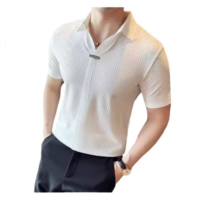 Designer Short Sleeves Summer Men's Short Sleeve Turn-down Collar T-shirt Trendy Korean Version Slim Fit British Style High Elasticity V-neck Ice