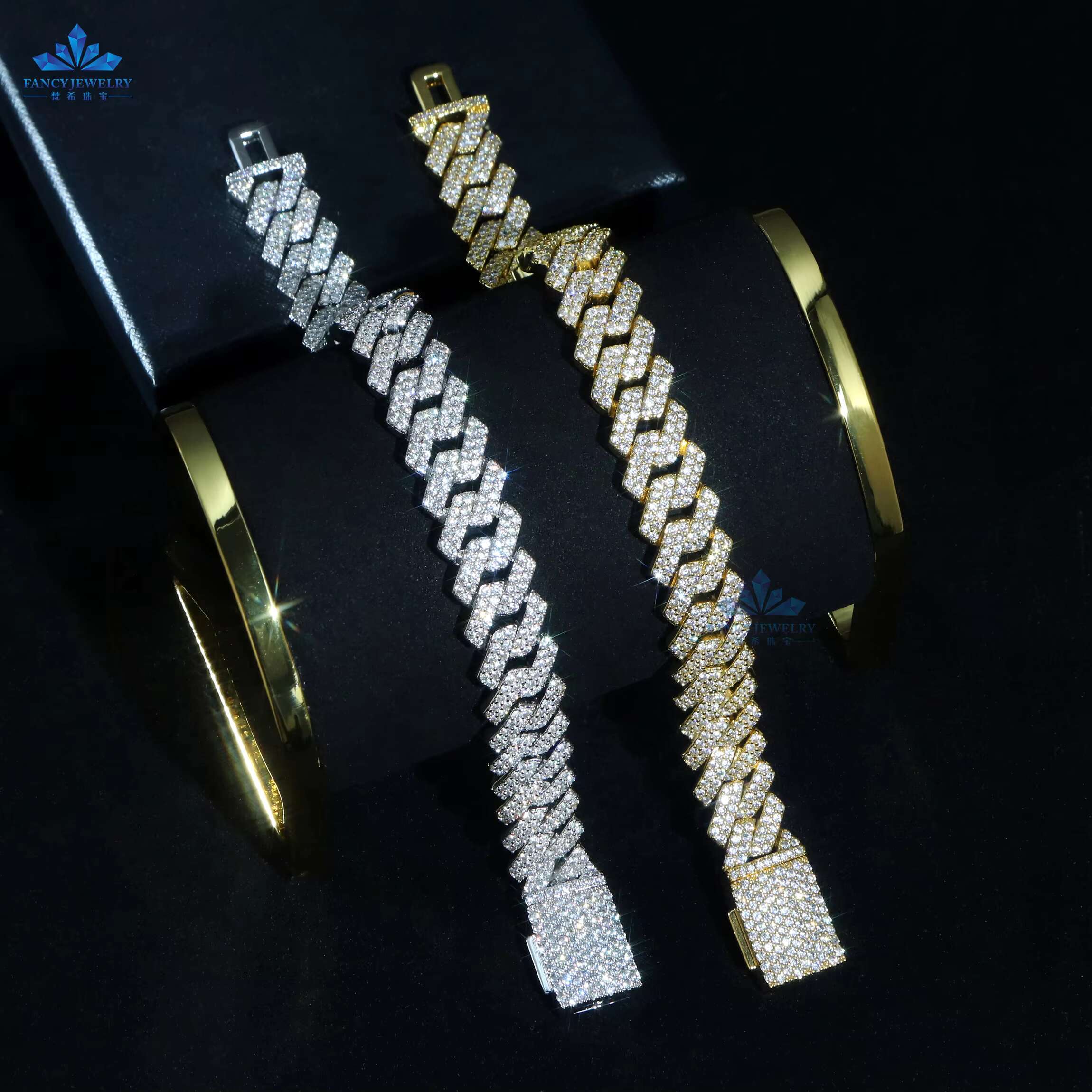 High Quality Luxury 2 Rows Vvs Moissanite Cuban Chain 10mm 12mm Hip Hop 925 Sterling Silver Cuban Link Chain