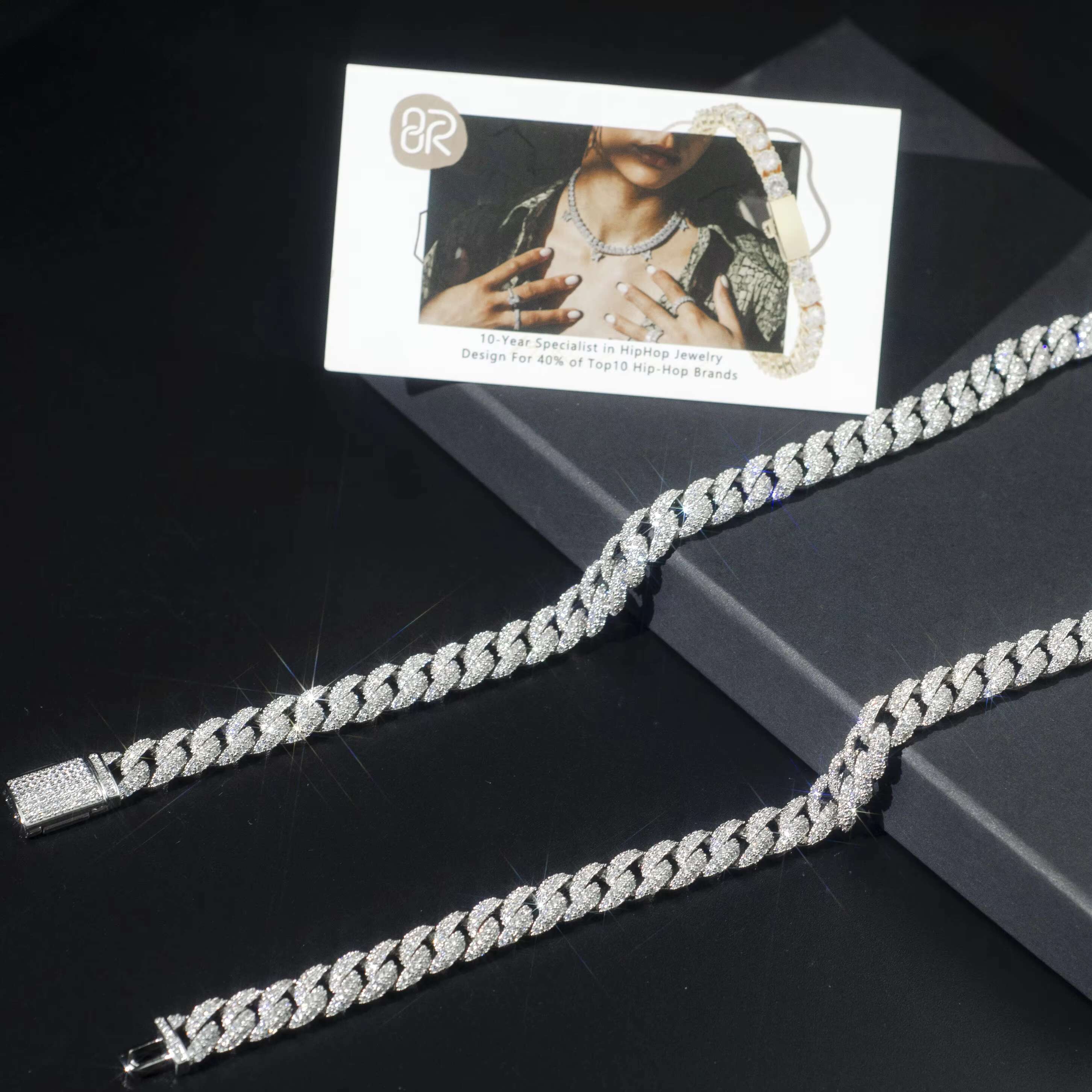 Hip Hop Jewelry 12mm 2 Rows of Diamond Necklace 18K Gold Plated VVS Moissanite Bracelet 925 Silver Iced Out Cuban Link Chain