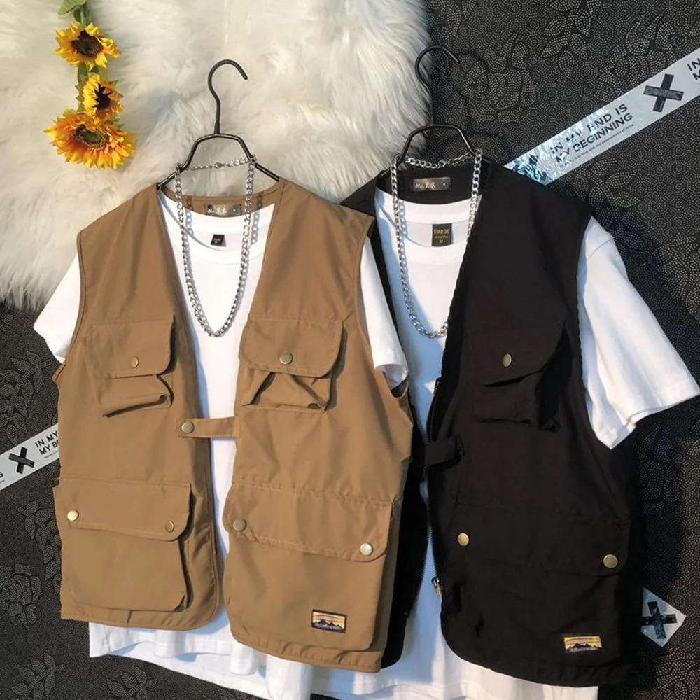Summer Mens Cargo Sleeveless Solid Color Vest Multi-Pocket American Retro Fashion Casual Trend Street Loose Mens Tops 250703