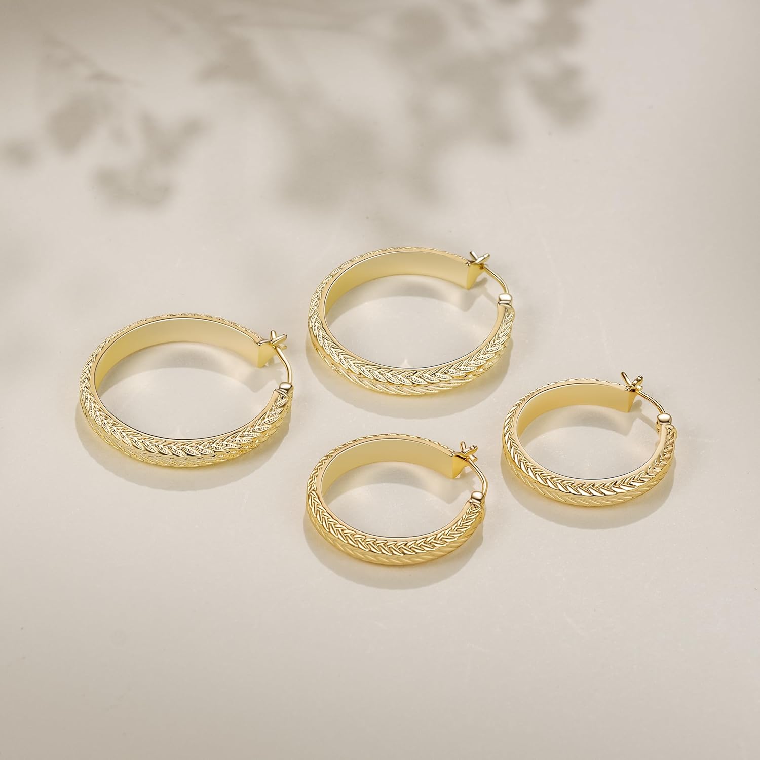 14K Gold Women's Wide Hoop Earrings Chunky V-Engraved Design 25MM/30MM Sizes