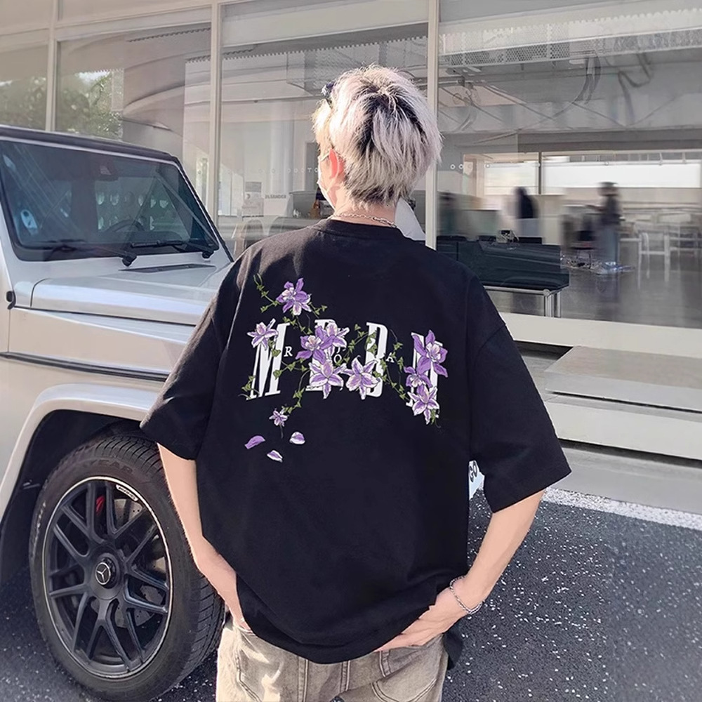 American Style Design Vine Floral Print Designer Short Sleeves T-shirt For Men Summer Cleanfit Heavyweight Short Sleeve High Street Couple Half Sleeve
