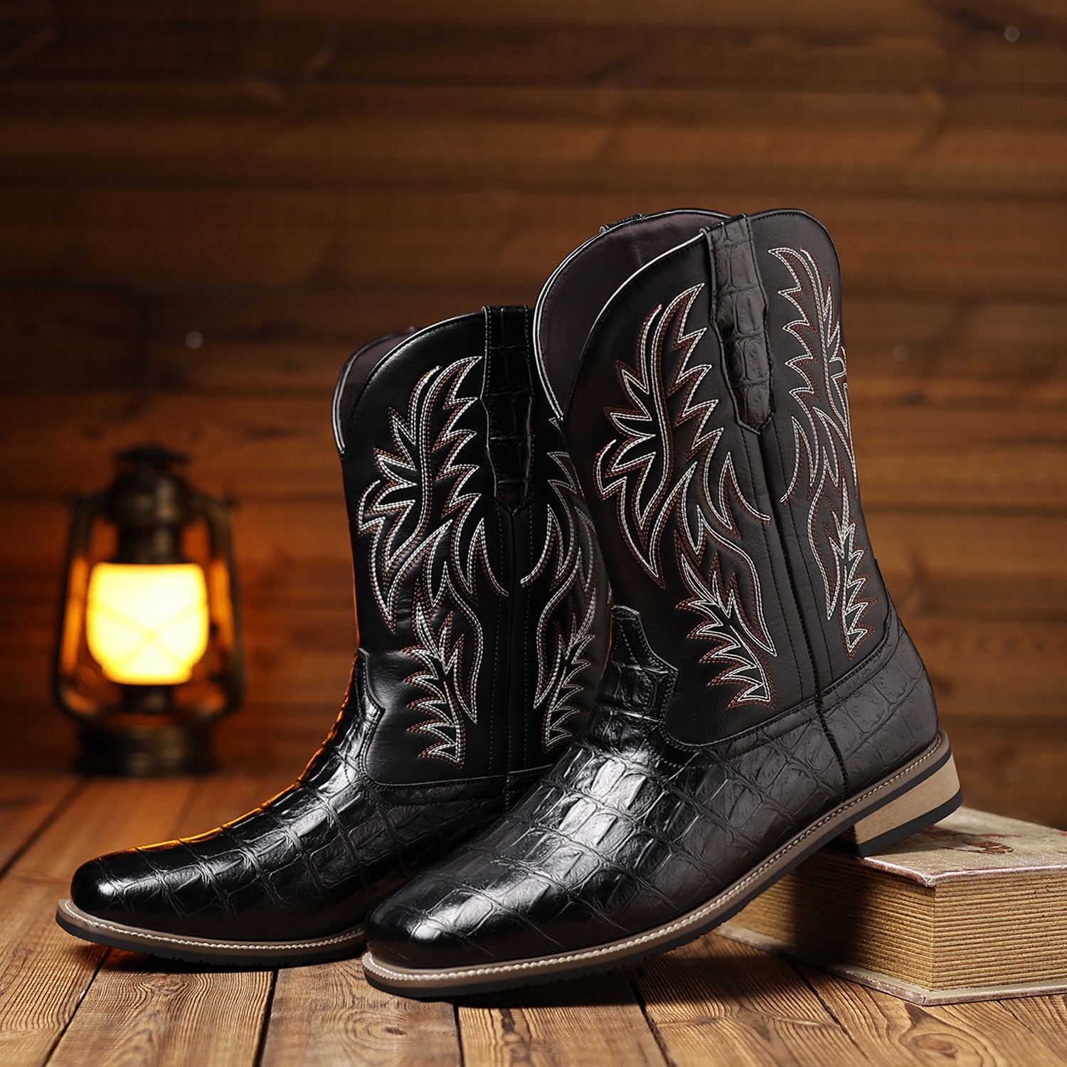 Crocodile pattern wooden root classic high tube embroidery retro wide head western cowboy boots
