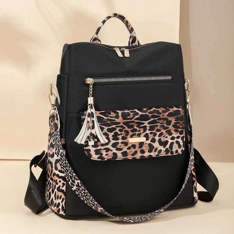Fashionable Multi-function Leopard Backpacks for Women High Quality Tassel Backpack Lightweight Commute Nylon Travel Bag