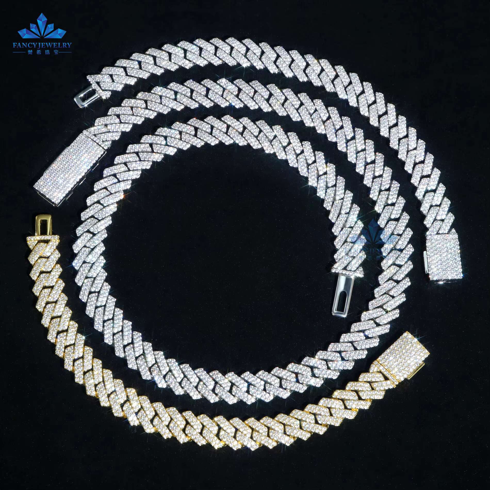 High Quality Luxury 2 Rows Vvs Moissanite Cuban Chain 10mm 12mm Hip Hop 925 Sterling Silver Cuban Link Chain