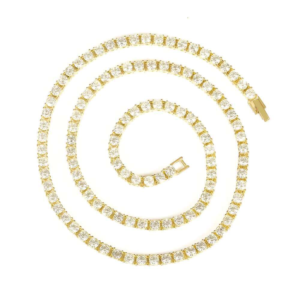4mm Single-Row Tennis Chain Full Diamond Alloy Rhinestone Necklace Gold Plating Hip-Hop Style Featuring Silver Brass Pearl Link