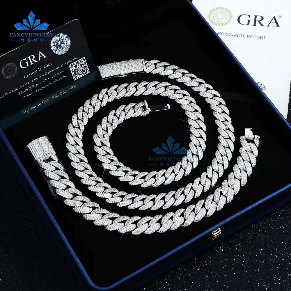 92.5% Silver Hip Hop Jewelry Classic Moissanite Cuban Chain 8mm-15mm Iced Instock Link Chain Pass Diamond Test Perfect Gift