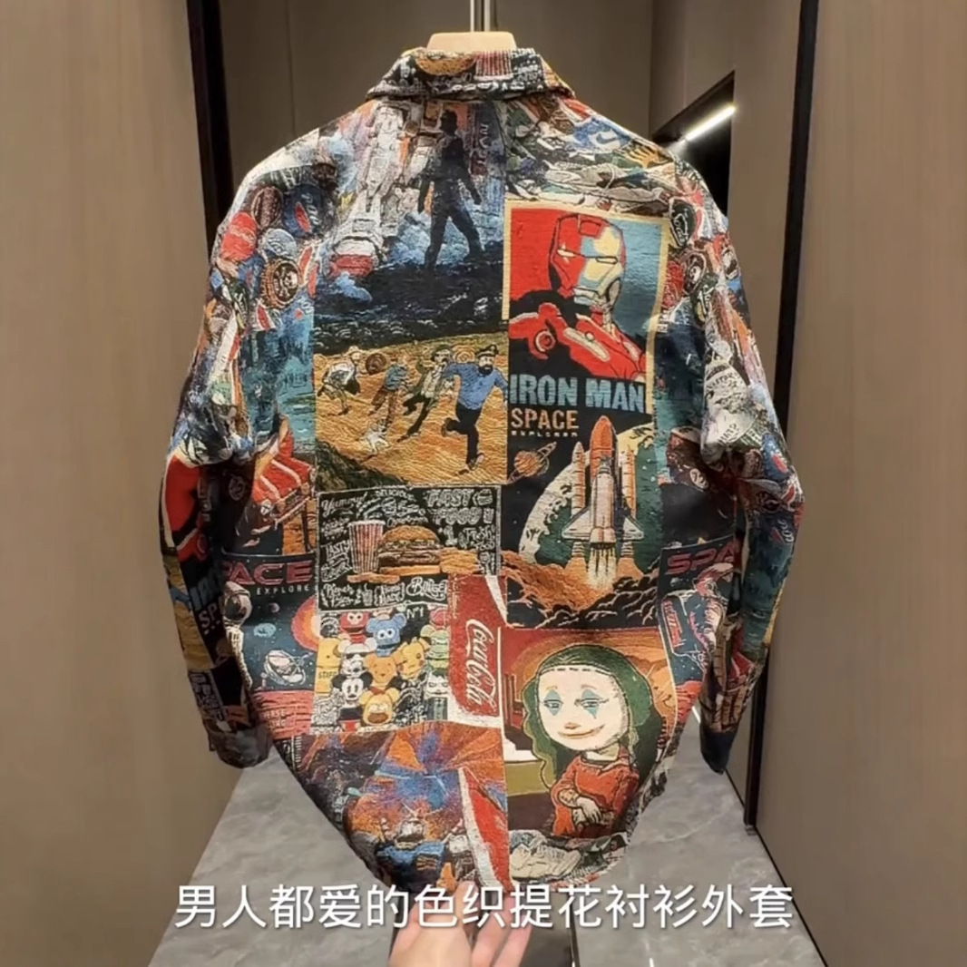 Spring And Autumn New Men's Trendy Color-woven Jacquard Designer Short Sleeves Painted Shirt Unisex Fashion Versatile Loose Casual Jacket